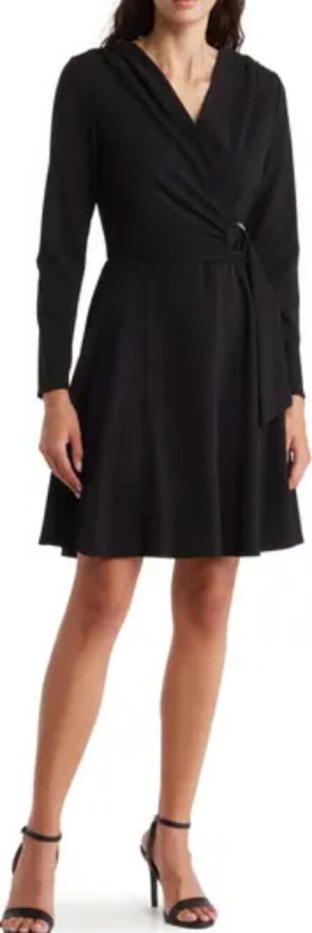 Marina Long Sleeve Scuba Crepe Faux Wrap Dress Black Size M Buckle Detail
